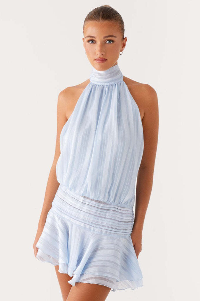 Halter Neck Pleated Collar Drop Waist Ruffle Flounce Mini Dress