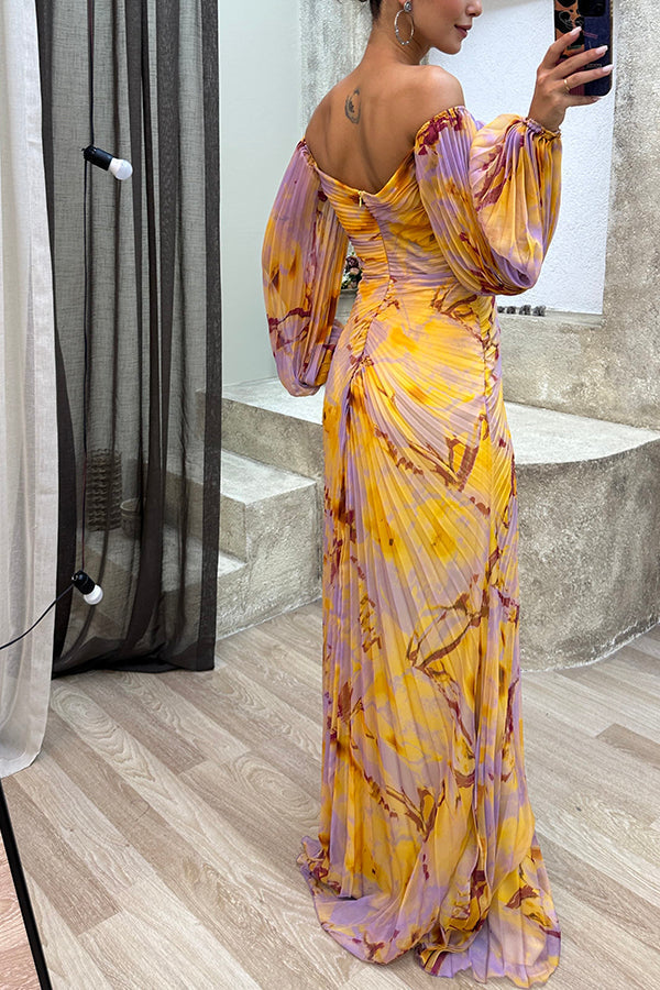 Off Shoulder Bishop Sleeve Jewel Embellished Plisse Abstract Print Maxi Gown
