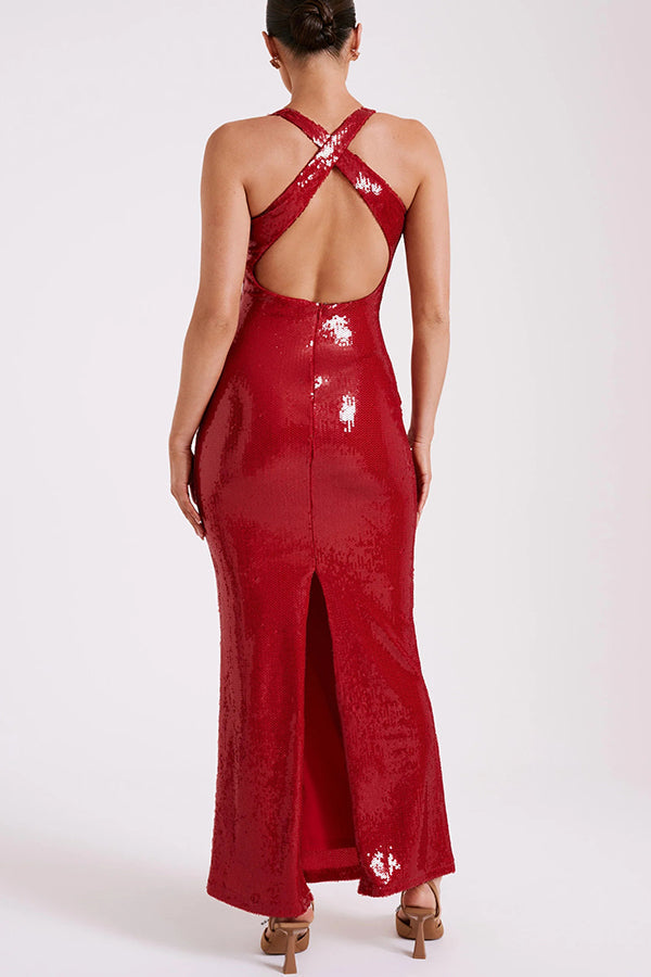Sequin Deep V-Neck 3D Floral Applique Bodycon Maxi Gown
