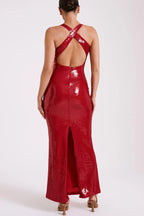 Sequin Deep V-Neck 3D Floral Applique Bodycon Maxi Gown