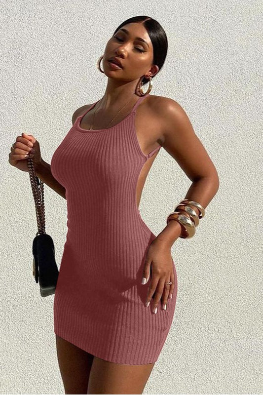 Ribbed Knit Spaghetti Strap Scoop Neck Bodycon Mini Sweater Dress
