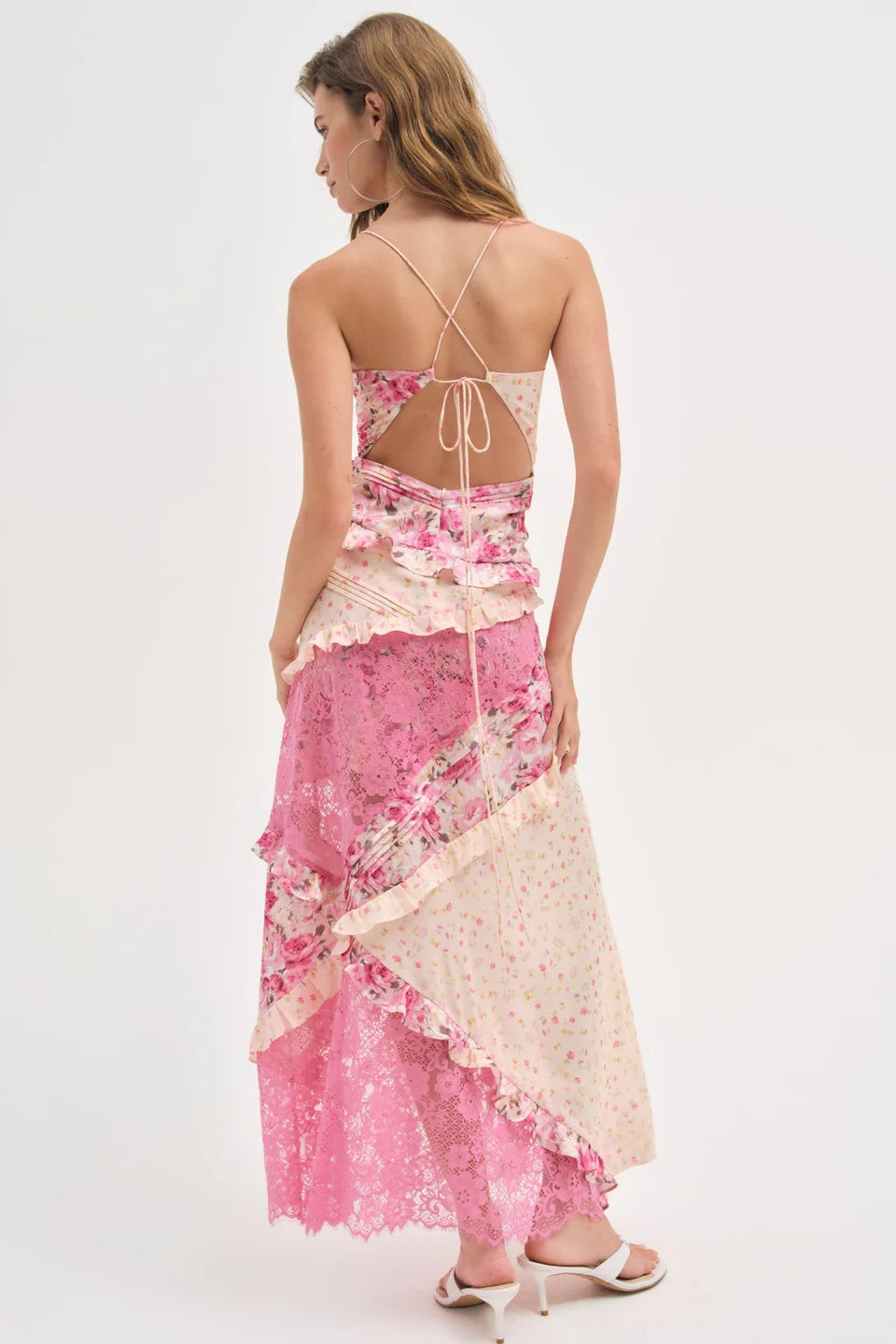 Deep V Neck Tie Front Patchwork Floral Lace Tiered Maxi Dress