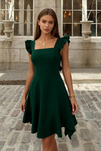 Square Neck Ruffle Shoulder Strap Back Bow Tie Fit and Flare Mini Dress