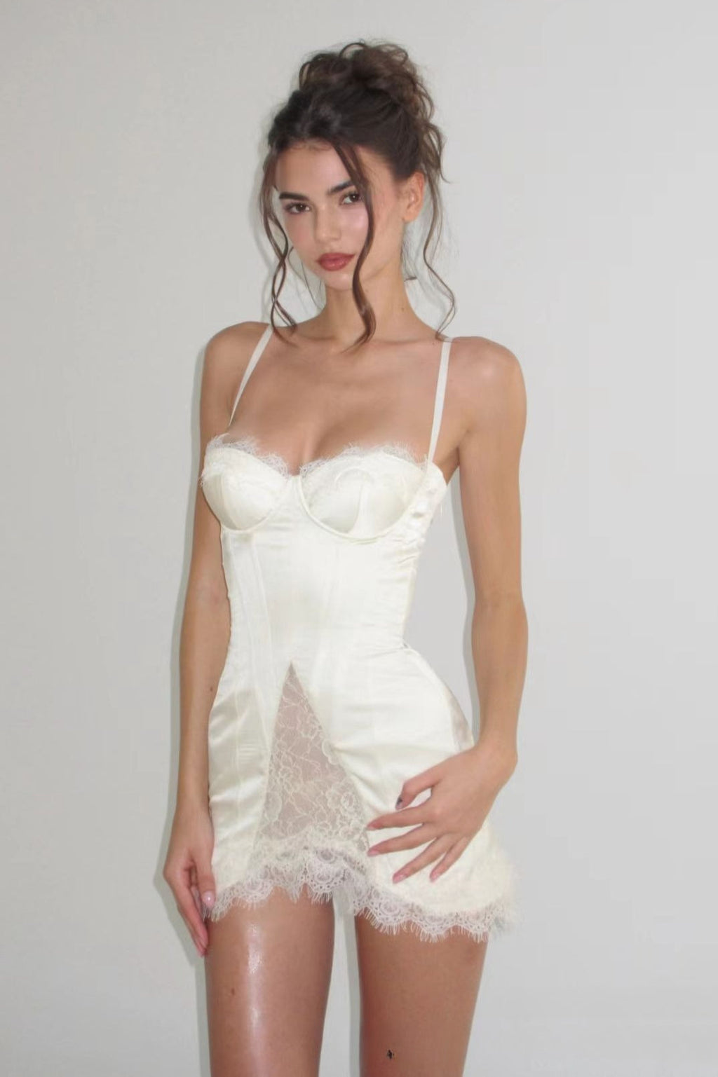 Beige Sweetheart Lace Trim Spaghetti Strap Satin Lace Panel Mini Dress