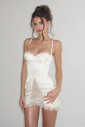Beige Sweetheart Lace Trim Spaghetti Strap Satin Lace Panel Mini Dress