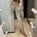 Women's Sparkly V Neck Belted Jumpsuits