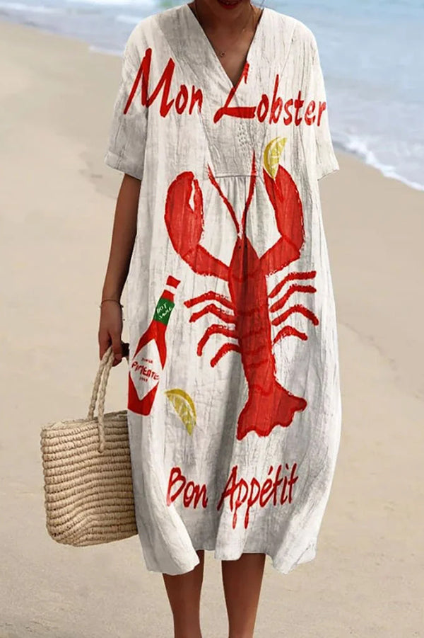 Lobster Print V-Neck Short Sleeve Nautical Stripe Hem Shift Midi Dress