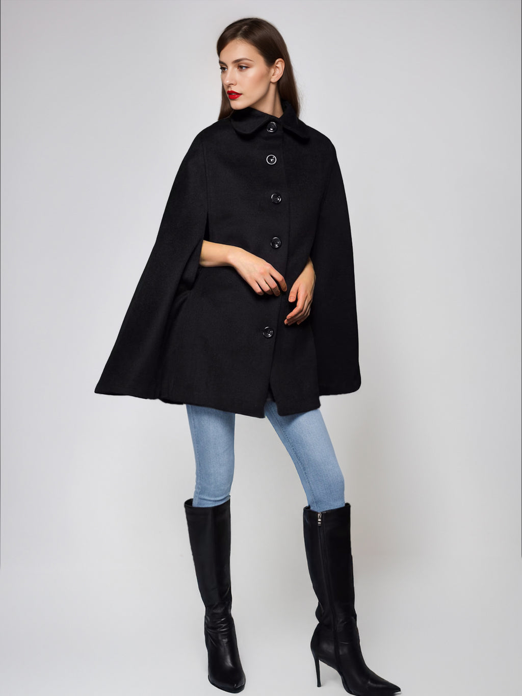Wool Blend Cape Coat Turndown Collar Black Poncho Oversized Outerwear For Women 2026
