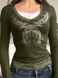 Vintage Graphic Print Lace Trim Splice Long Sleeve Knit
