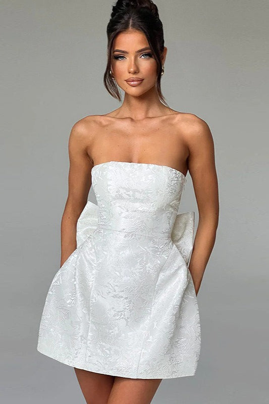 Jacquard Floral Strapless Bow Back Pocket A-Line Mini Dress