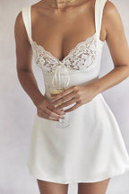 Lace Panel Tie Front Keyhole Square Neck Mini Dress