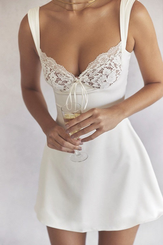 Lace Panel Tie Front Keyhole Square Neck Mini Dress