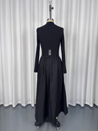 Half Zip Ribbed Knit Patchwork Belted Long Sleeve A-Line Maxi Dress For Women 2026