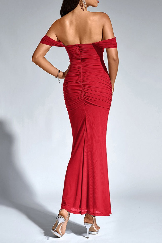 Mesh Off Shoulder Cowl Neck Ruched Mermaid Maxi Dress