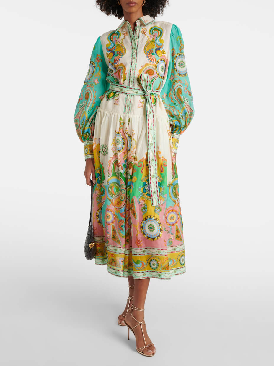 Collared Button Front Puff Sleeve Paisley Print Tie Waist Tiered Midi Dress