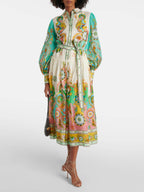 Collared Button Front Puff Sleeve Paisley Print Tie Waist Tiered Midi Dress