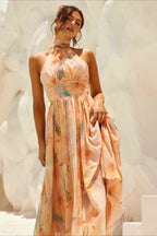Sleeveless Floral Halter Backless Midi Dress