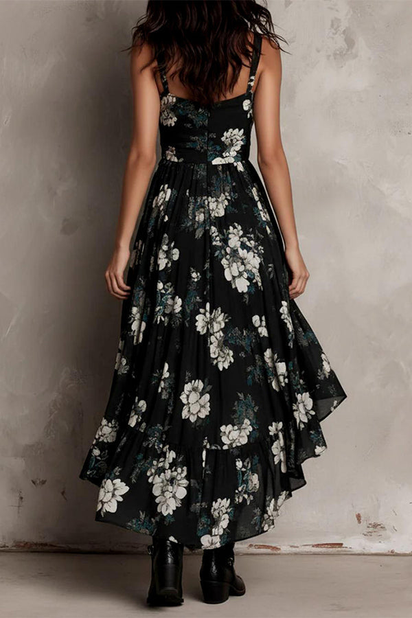 Midnight Wildflower High-Low Ruffle Floral Dress