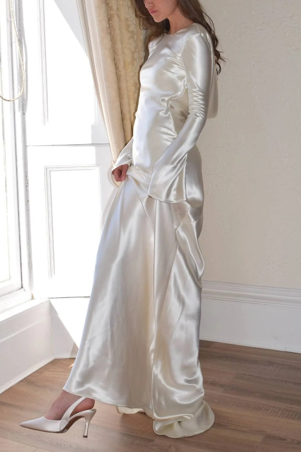| Pearl maxi dress with open cowl neckline and satin back