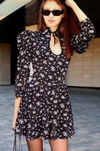 Stand Collar Tie Waist A Line Floral Dress