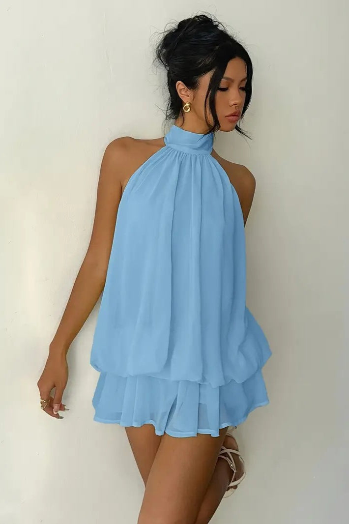 Backless Halter Tie Waist Ruffled Bodycon Mini Dress