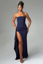 Strapless Ruched Fold Thigh Slit Draped Panel Maxi Dress