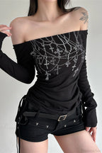 Chain Print Off-Shoulder Long Sleeve Tee