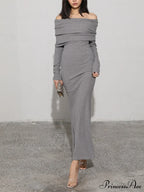 Charcoal Off Shoulder Overfold Modern Long Sleeve Long Dress