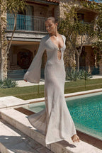 Fabiana Minimalist Crochet Knit V Neck Maxi Dress Statement Occasion Edit