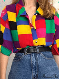 Checkered Long Trendy Sleeve Button Blouse