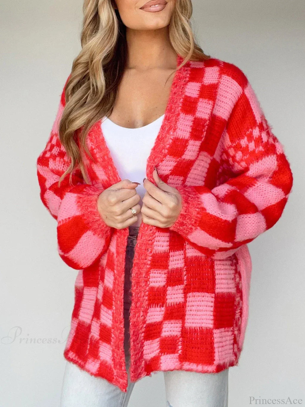 Checkered Loose Long Sleeve Open Front Cardigan