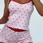 Cherry Print Sleeveless V Neck Cami Crop Top Shorts Two Pieces Set