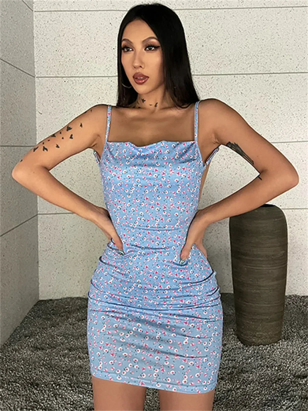 Chic Floral Print Backless Sling Mini Suspender Wrap Bodycon Party Dress