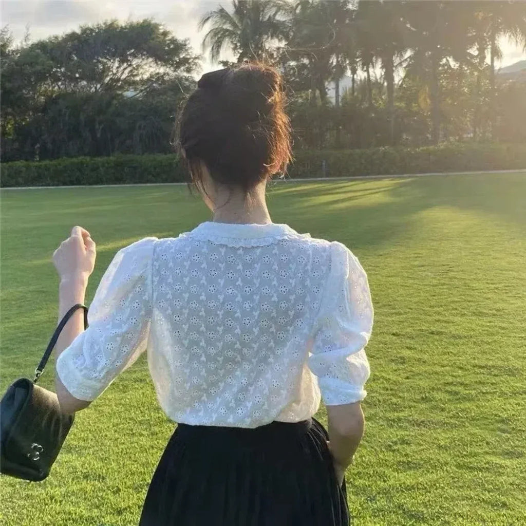 Chic Hollow Lace Puff Sleeve Peter Pan Collar Blouse