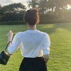 Chic Hollow Lace Puff Sleeve Peter Pan Collar Blouse