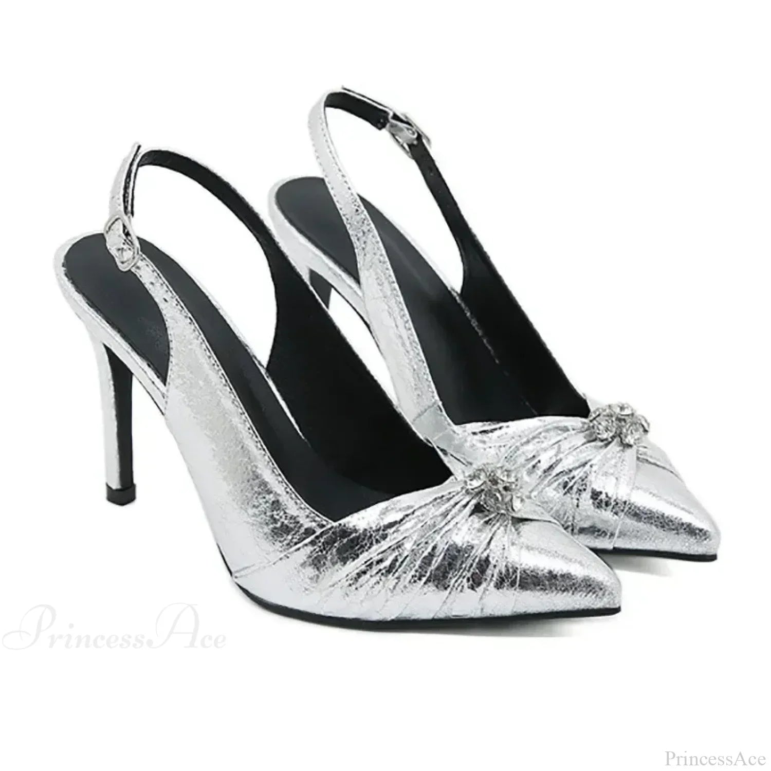 Chic Pointed Pleated Leather Rhinestone Decorative Buckle Slingback Thin High Heels Office High Heel