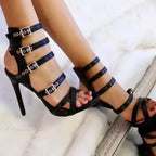 Chic Pointed Pleated Leather Rhinestone Decorative Buckle Slingback Thin High Heels Office High Heel