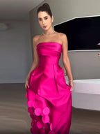 Chic Rose Red Sleeveless Satin Maxi Dress Elegant Backless Pleated Christmas Party Dress