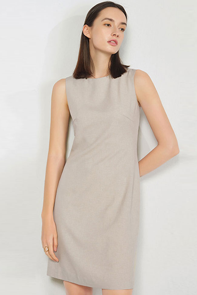 Crew Neck Sleeveless Structured Woven Sheath Mini Dress