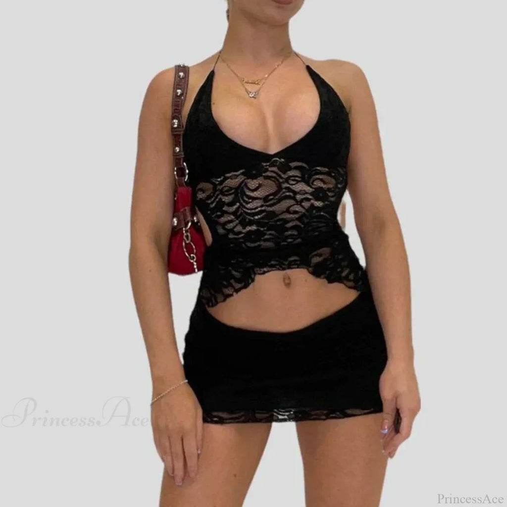 Chic V Neck Halter Tie-Up Bandage Crop Top Mini Pencil Skirt Two Pieces Set