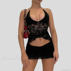 Chic V Neck Halter Tie-Up Bandage Crop Top Mini Pencil Skirt Two Pieces Set