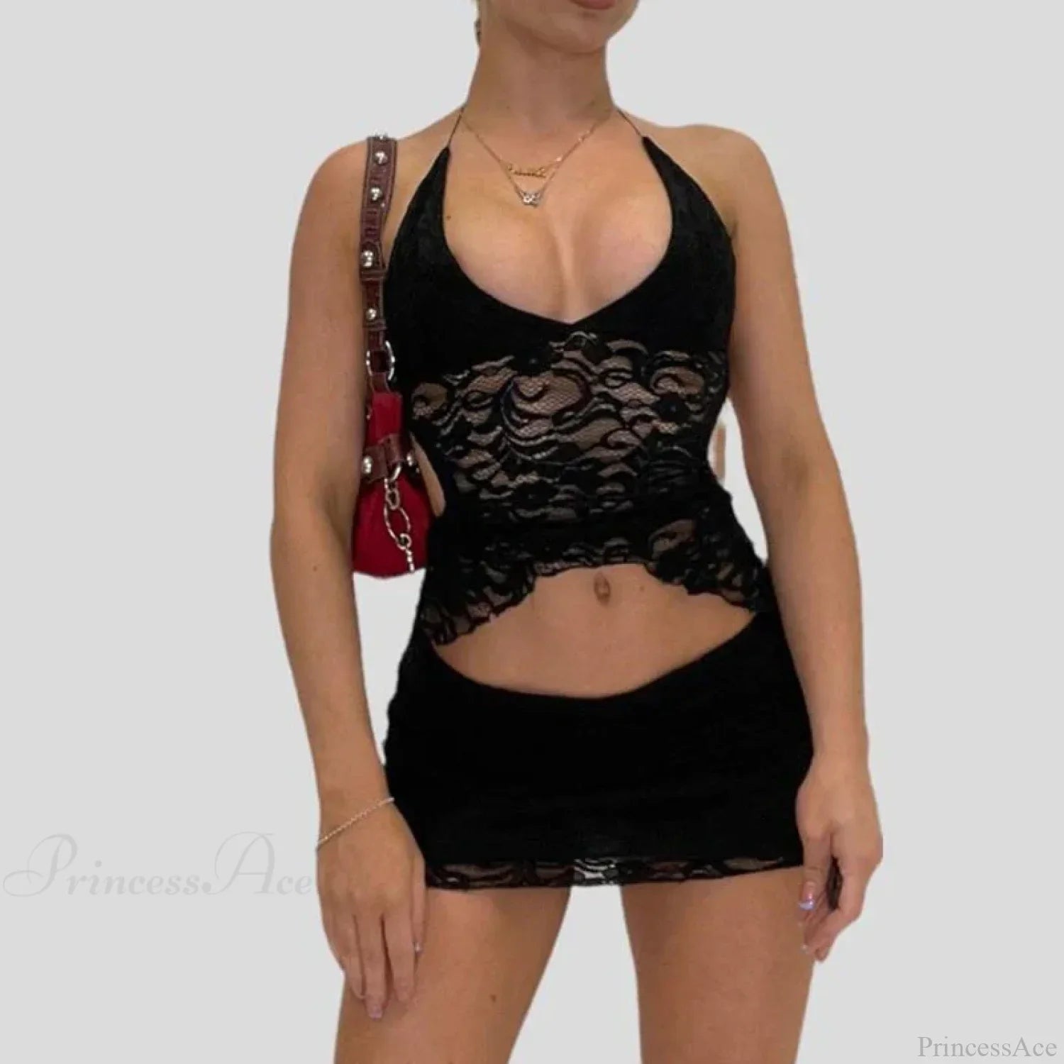 Chic V Neck Halter Tie-Up Bandage Crop Top Mini Pencil Skirt Two Pieces Set