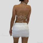 Chic V Neck Halter Tie-Up Bandage Crop Top Mini Pencil Skirt Two Pieces Set