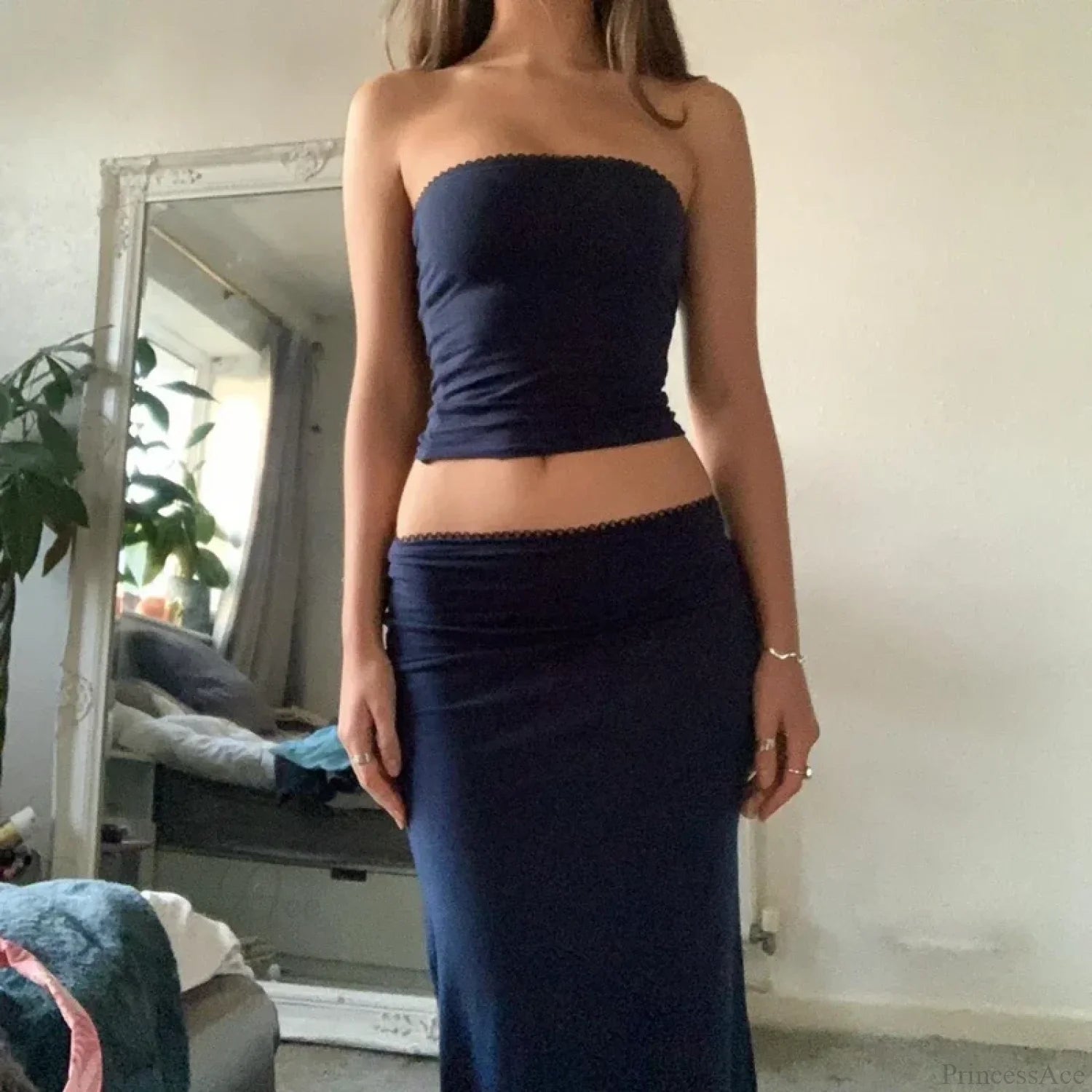 Chic Women Chest Wrap Tube Tops + Low Rise Long Skirt Summer Strapless Camis Crop Tops Y2K Fairycore Vintage 2 Piece Set Outfits