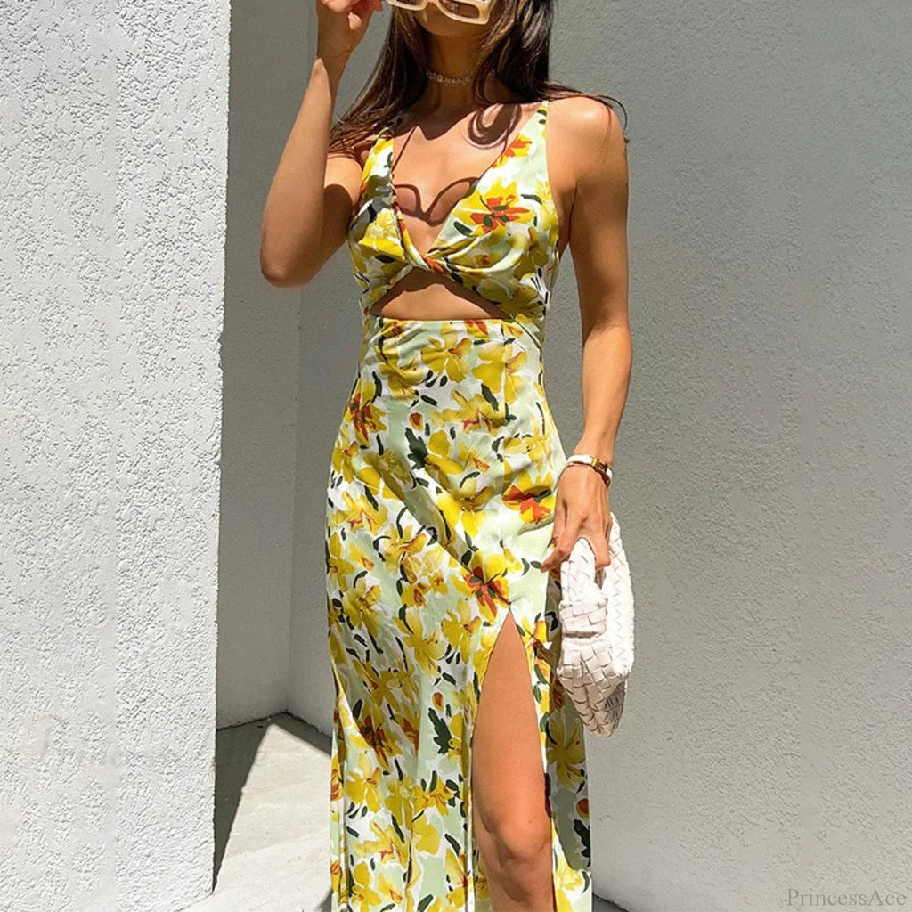 Chic Yellow Flowers Print Twist Knot Cutout Midi Floral Dress