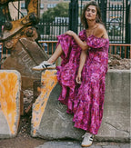 Chiffon Maxi Dress Floral Print Puff Sleeve