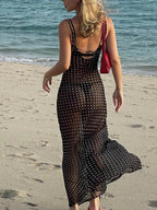Black Chiffon Sheer Polka Dot Print Backless Long Dress