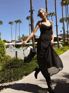 Black Chiffon Sheer Polka Dot Print Backless Long Dress