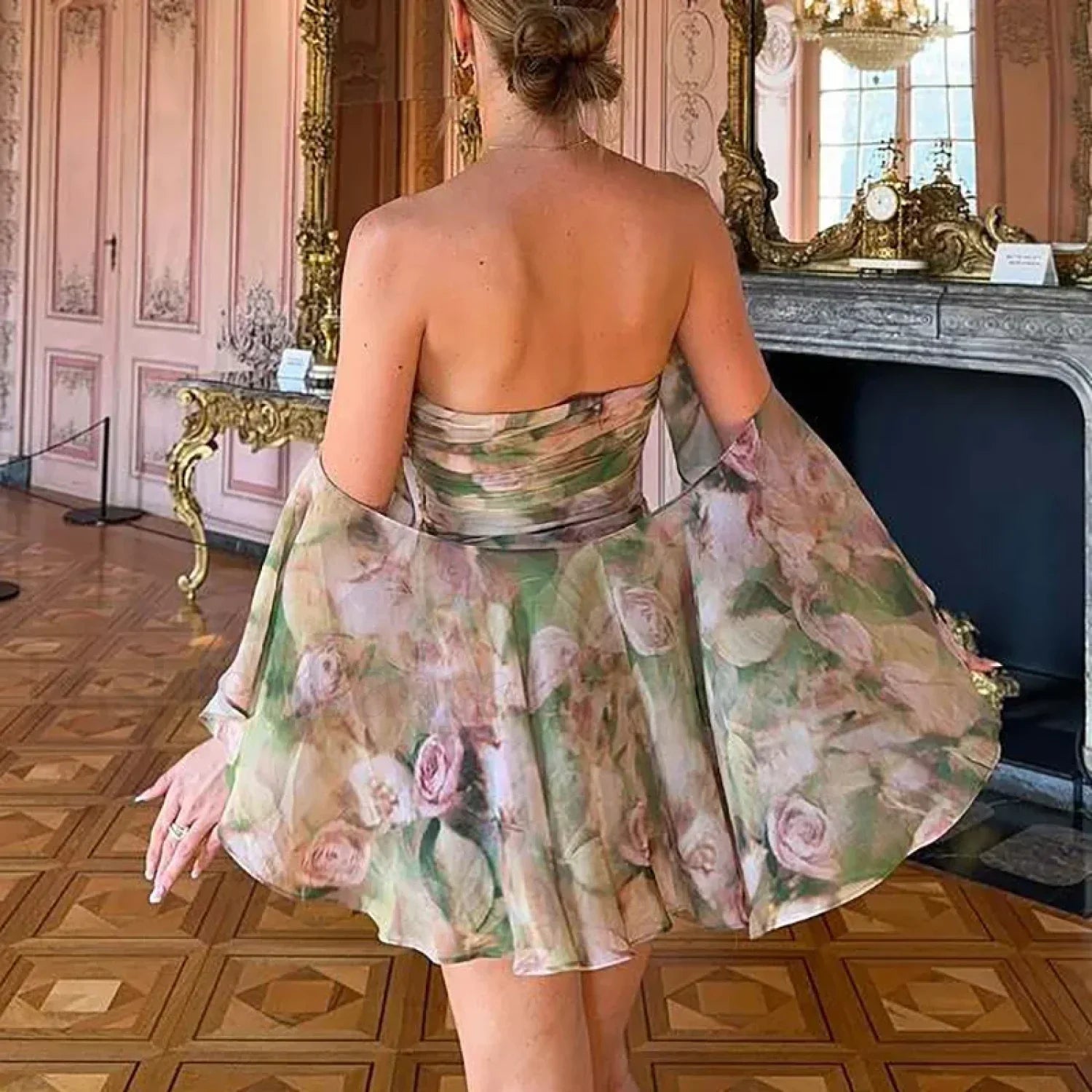 Print Chiffon Strapless Ruffle Mini Dress