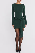 Ruched Boat Neck Long Sleeve Metal Buckle Draped Mini Dress
